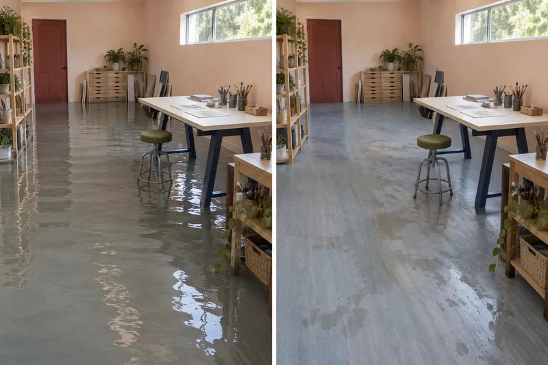 Water Extraction in The Colony — before water pickup and damp floor afterwards