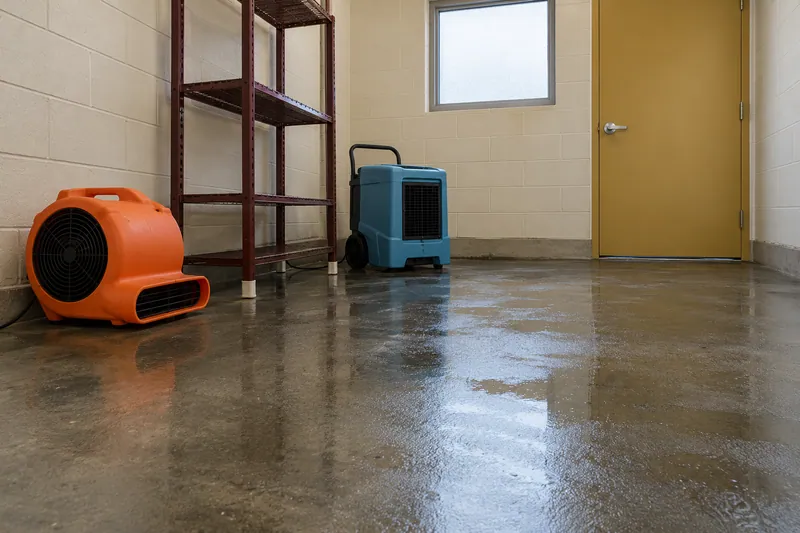 Water Extraction in The Colony — damp floor with drying equipment